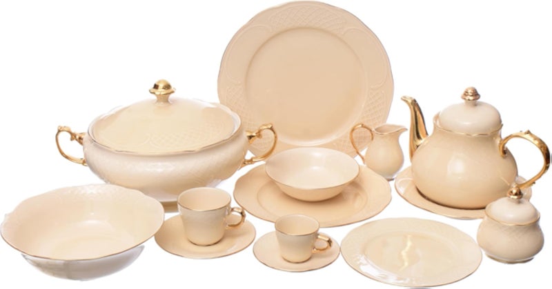 طقم عشاء ROSA Bolero مكون من 57 قطعة، كريمي/ذهبي: طبق تقديم واحد، طبقان بأغطية، 12 فنجان قهوة وشاي، 6 أطباق كيك، 6 أطباق مسطحة و6 أطباق عميقة، 6 أطباق شوربة، إبريق حليب واحد، وعاءان للسكر، إبريقان للشاي بأغطية.